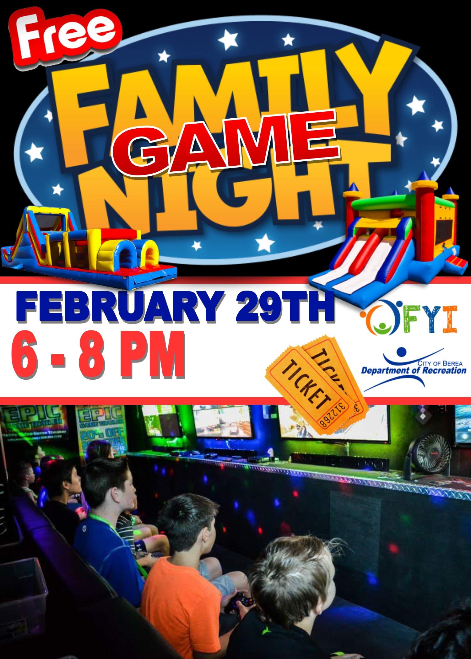 Flyer about game night which includes photos of bouncy houses, text and children playing video games